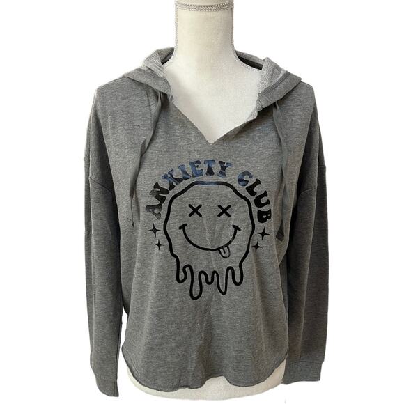 NWT Anxiety Club Dripping Smiley Face Gray Hooded Sweatshirt Oversized SZ Small - Picture 2 of 12